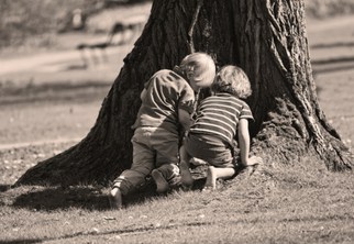 two kids playing in a tree