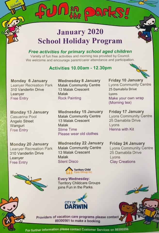 Darwin December and January School holidays 2019